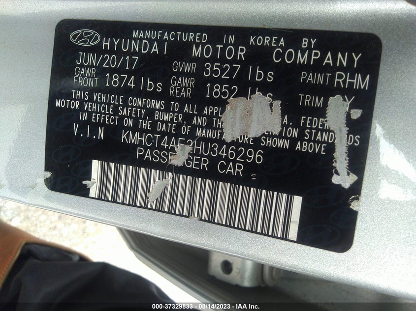 VIN KMHCT4AE2HU346296 2017 HYUNDAI ACCENT VALUE EDITION