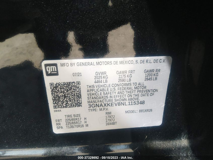 2022 CHEVROLET EQUINOX LT - 3GNAXKEV8NL115348