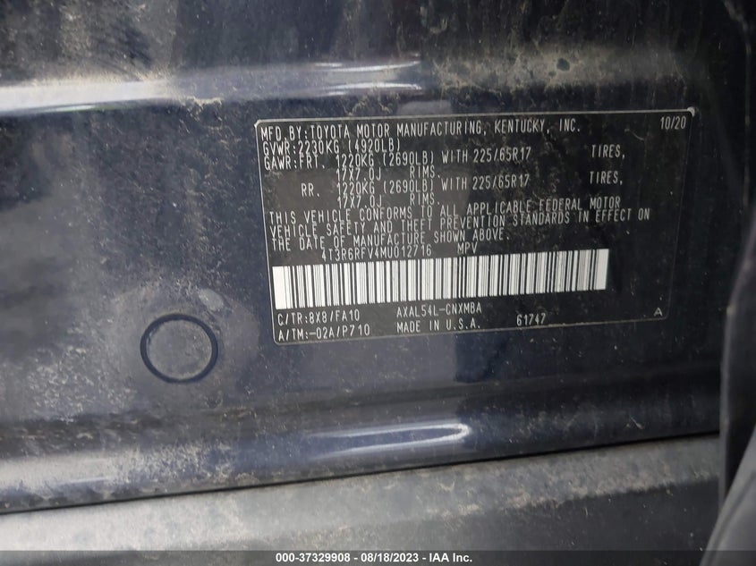 VIN 4T3R6RFV4MU012716 2021 TOYOTA RAV4 HYBRID