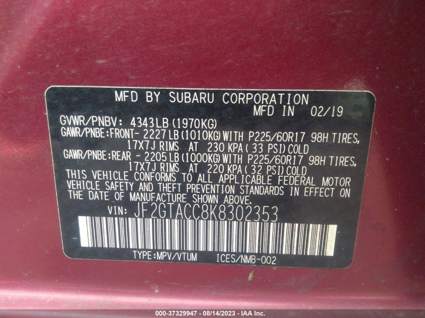 2019 SUBARU CROSSTREK PREMIUM - JF2GTACC8K8302353