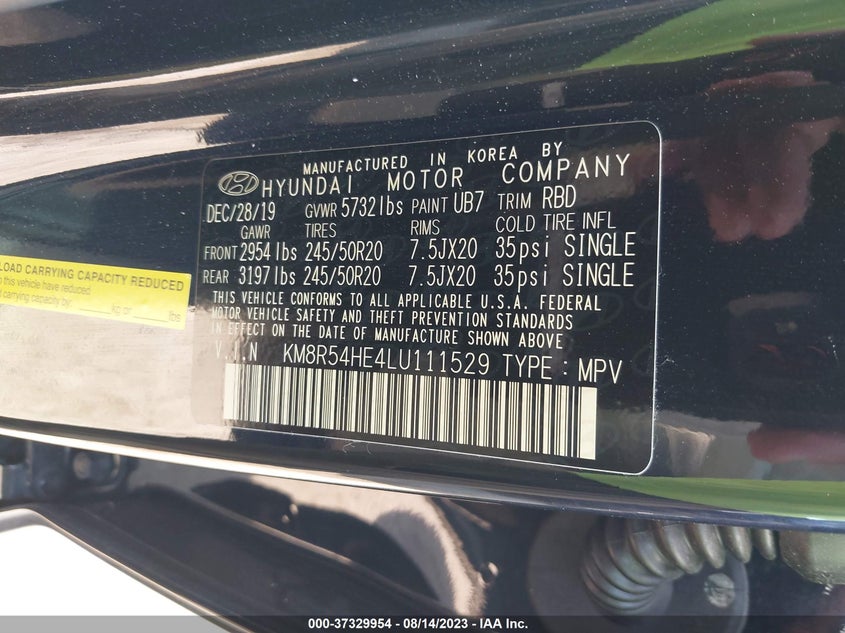 VIN KM8R54HE4LU111529 2020 HYUNDAI PALISADE LIMITED