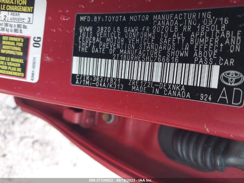 2017 TOYOTA COROLLA L/LE/XLE/SE/XSE - 2T1BURHE5HC766616