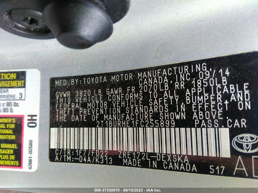 2015 TOYOTA COROLLA L/LE/S/S PLUS/LE PLUS - 2T1BURHE1FC255899