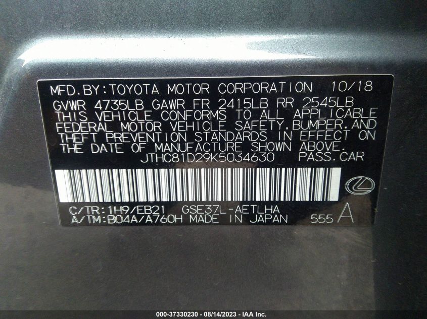 2019 LEXUS IS 300 - JTHC81D29K5034630