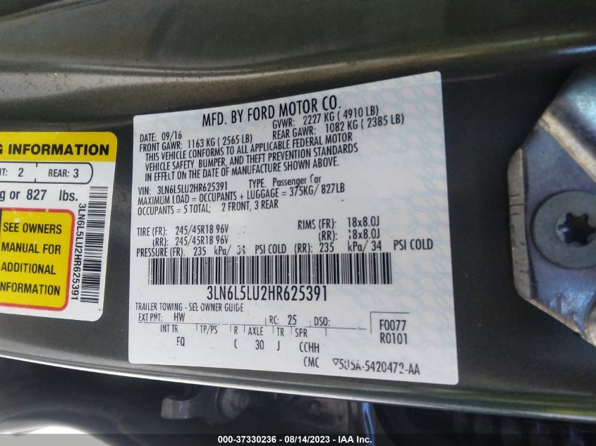 2017 LINCOLN MKZ HYBRID SELECT - 3LN6L5LU2HR625391