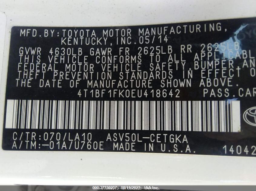 2014 TOYOTA CAMRY L/LE/XLE/SE/SE SPORT - 4T1BF1FK0EU418642