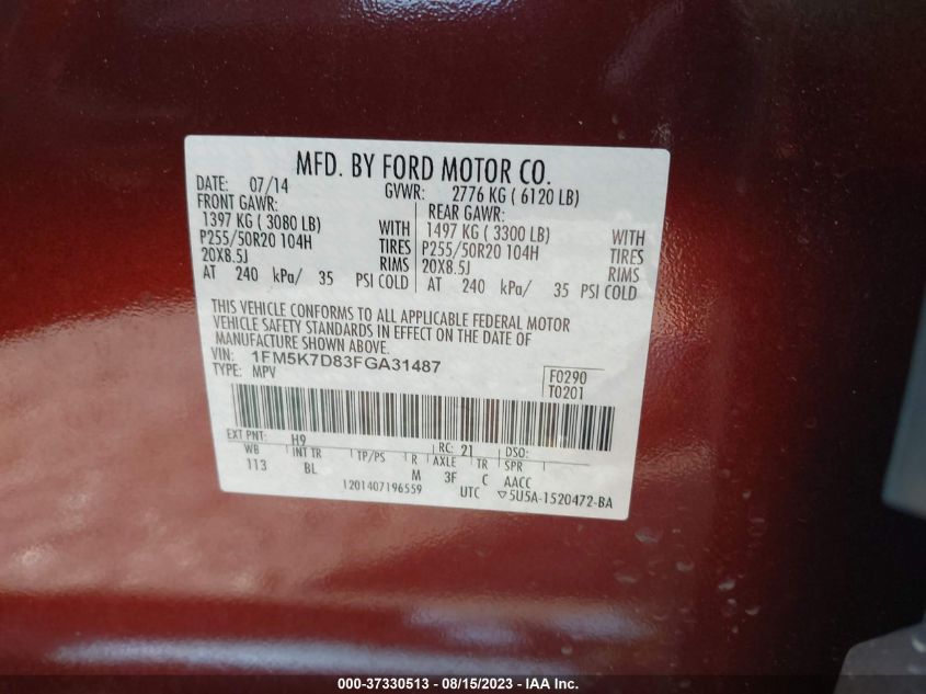 2015 FORD EXPLORER XLT - 1FM5K7D83FGA31487