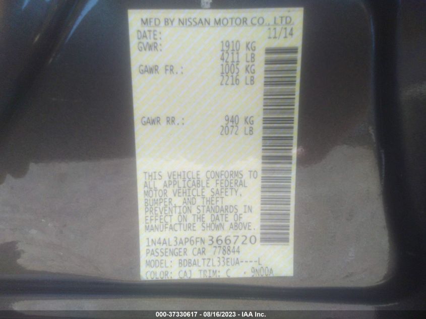 2015 NISSAN ALTIMA 2.5 SL - 1N4AL3AP6FN366720