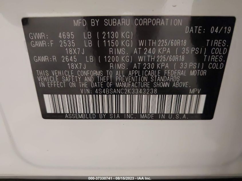 2019 SUBARU OUTBACK LIMITED - 4S4BSANC2K3343238