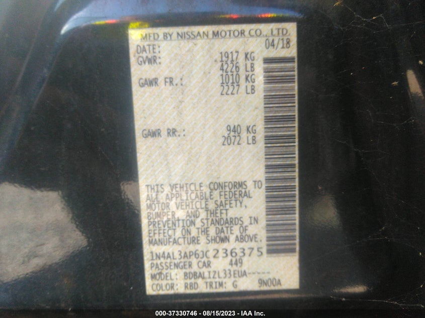 VIN 1N4AL3AP6JC236375 2018 NISSAN ALTIMA 2.5 SV