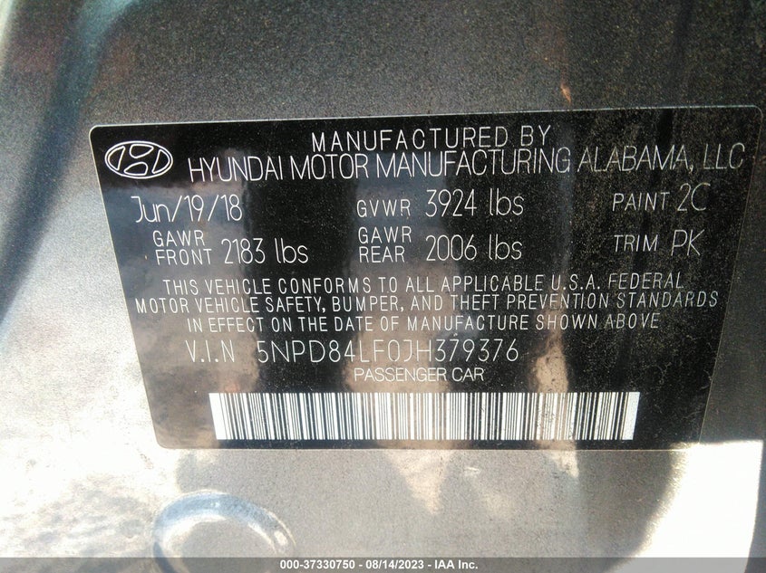 VIN 5NPD84LF0JH379376 2018 HYUNDAI ELANTRA SEL/VALUE/LIMITED