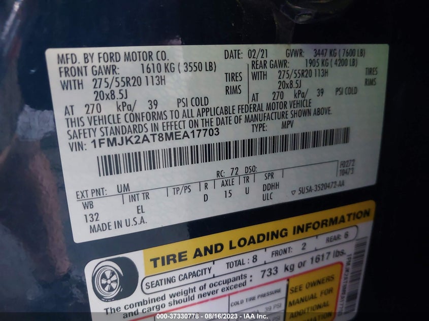 VIN 1FMJK2AT8MEA17703 2021 FORD EXPEDITION MAX LIMITED