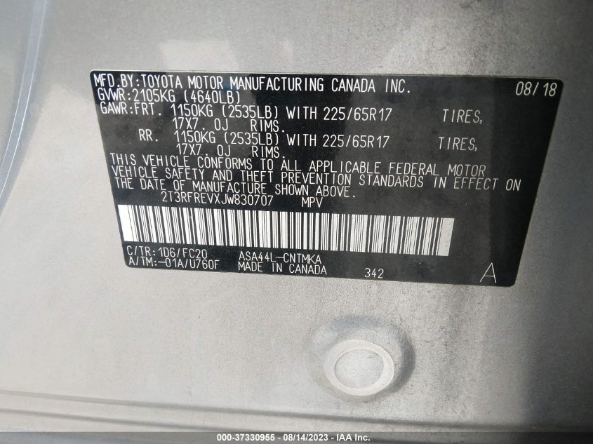 2018 TOYOTA RAV4 XLE/ADVENTURE - 2T3RFREVXJW830707