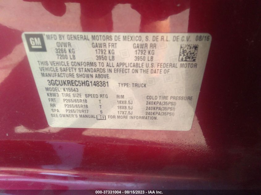2017 CHEVROLET SILVERADO 1500 LT - 3GCUKREC5HG148381