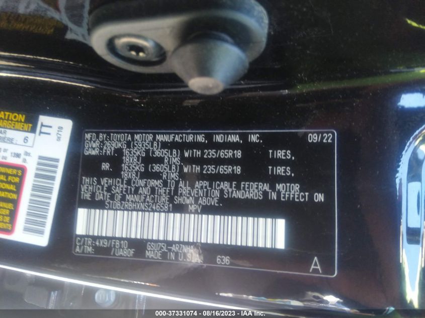 2022 TOYOTA HIGHLANDER LE - 5TDBZRBHXNS246581
