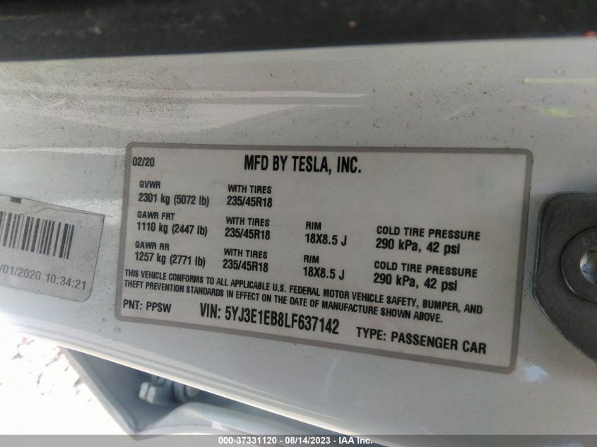 2020 TESLA MODEL 3 LONG RANGE - 5YJ3E1EB8LF637142