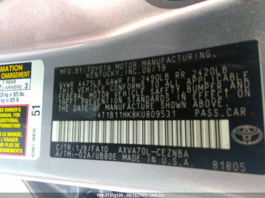 2019 TOYOTA CAMRY L/LE/XLE/SE/XSE - 4T1B11HK8KU809531