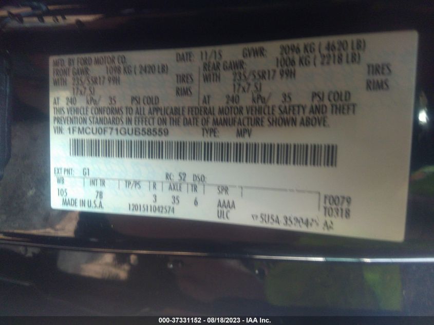 1FMCU0F71GUB58559 2016 FORD ESCAPE, photo no. 9