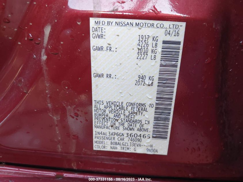 2016 NISSAN ALTIMA 2.5 S - 1N4AL3AP6GN360465