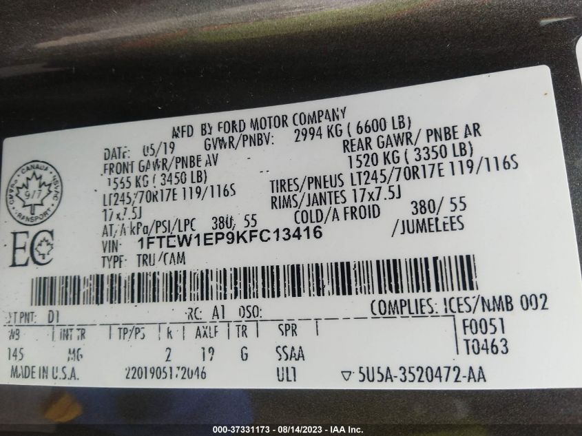 2019 FORD F-150 XLT - 1FTEW1EP9KFC13416