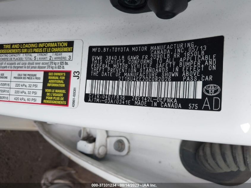 2013 TOYOTA COROLLA L/LE/S - 2T1BU4EE2DC082026