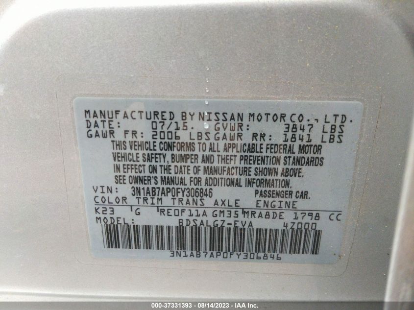 3N1AB7AP0FY306846 | 2015 NISSAN SENTRA