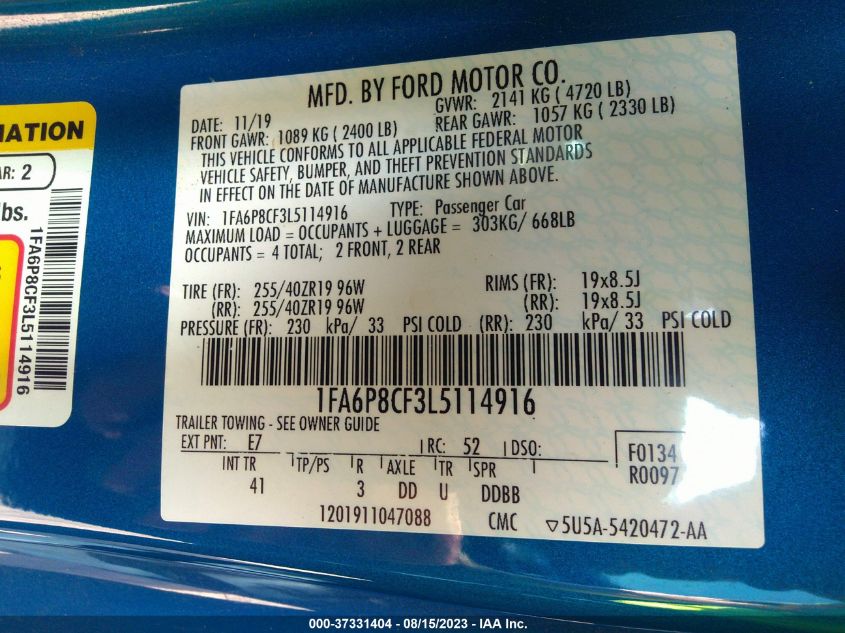 VIN 1FA6P8CF3L5114916 2020 FORD MUSTANG GT