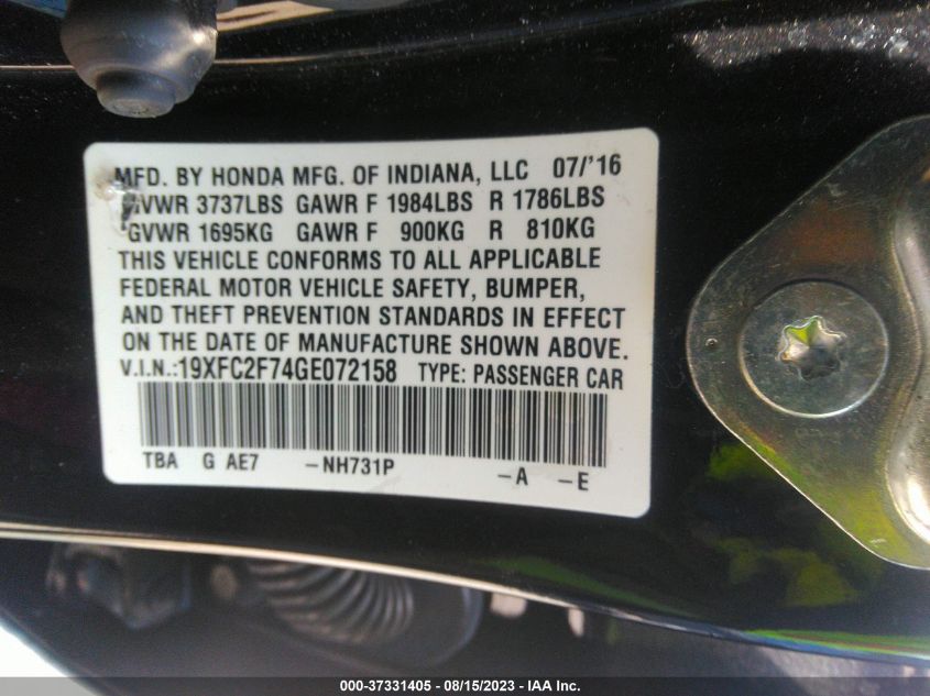 2016 HONDA CIVIC SEDAN EX - 19XFC2F74GE072158