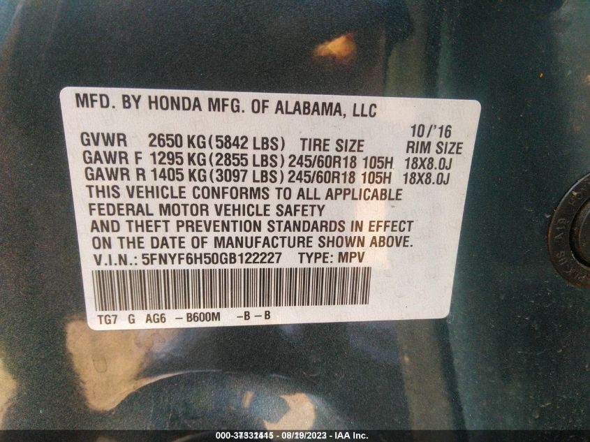 2016 HONDA PILOT EX-L - 5FNYF6H50GB122227