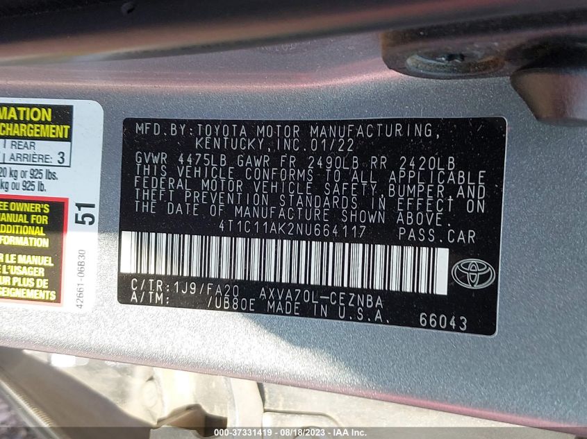 2022 TOYOTA CAMRY LE - 4T1C11AK2NU664117