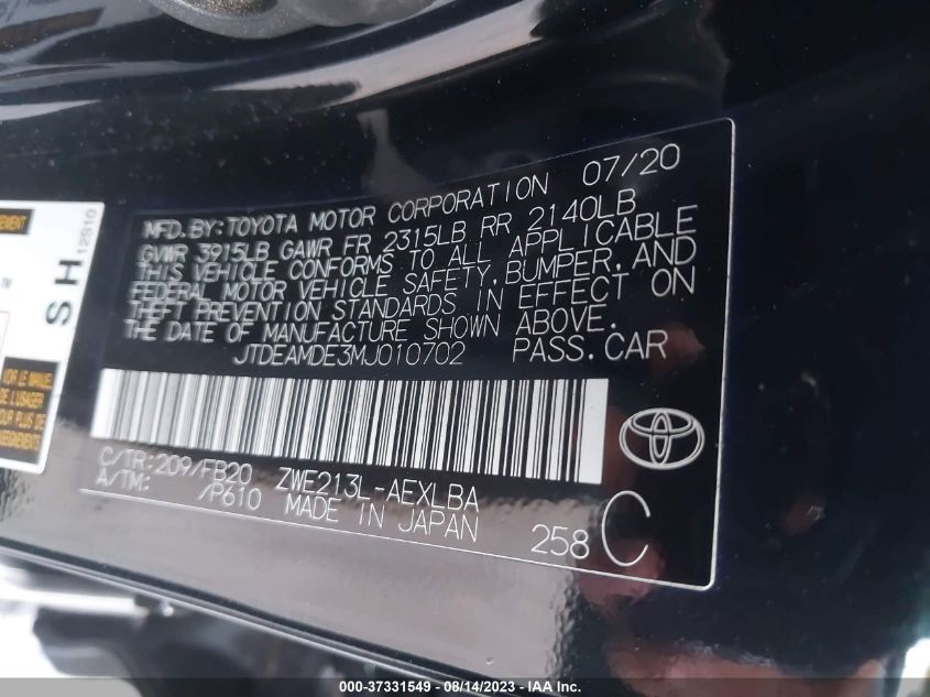 2021 TOYOTA COROLLA LE - JTDEAMDE3MJ010702