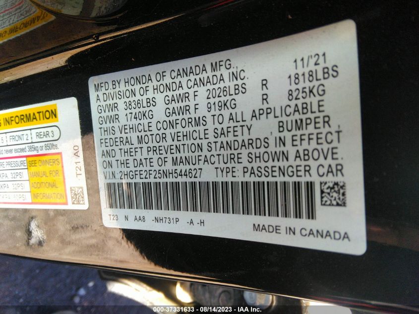 2022 HONDA CIVIC SEDAN LX - 2HGFE2F25NH544627