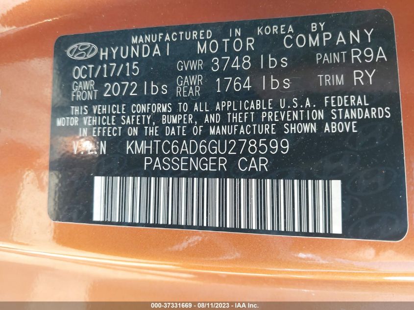 2016 HYUNDAI VELOSTER - KMHTC6AD6GU278599