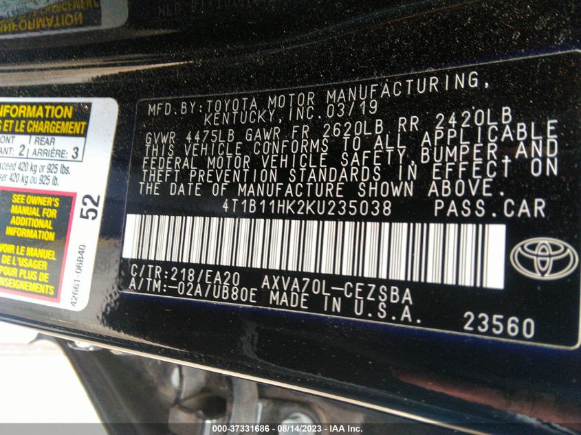 2019 TOYOTA CAMRY LE/SE/XLE/L - 4T1B11HK2KU235038