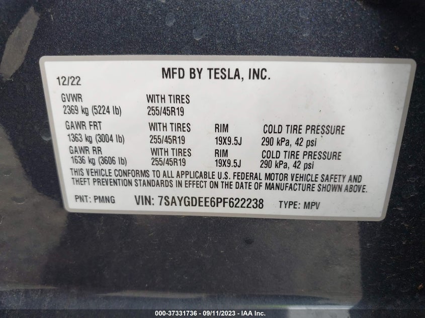 VIN 7SAYGDEE6PF622238 2023 TESLA MODEL Y