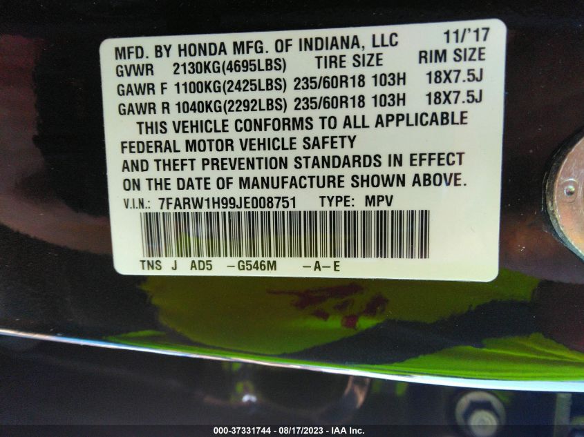 2018 HONDA CR-V TOURING - 7FARW1H99JE008751