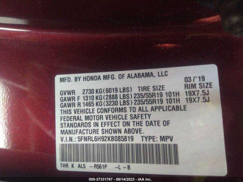 2019 HONDA ODYSSEY ELITE - 5FNRL6H92KB085819