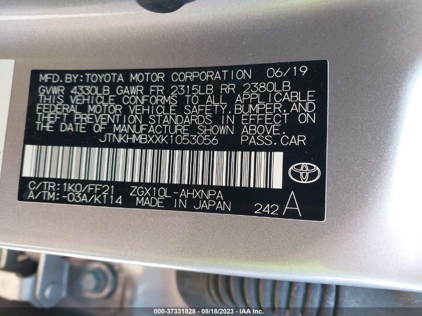 2019 TOYOTA C-HR XLE/LE/LIMITED - JTNKHMBXXK1053056
