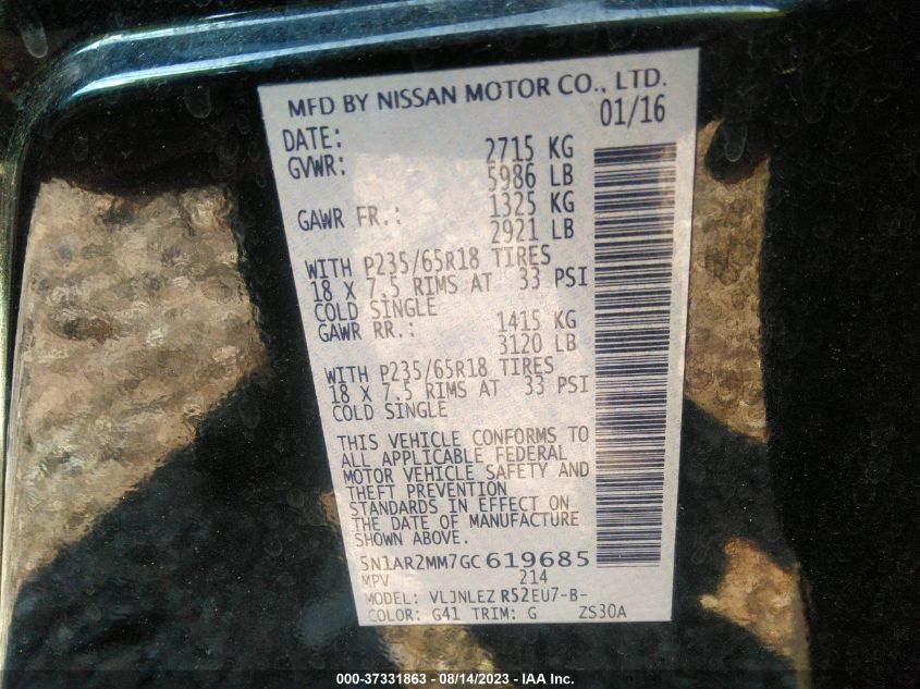 2016 NISSAN PATHFINDER PLATINUM/SV/SL/S - 5N1AR2MM7GC619685