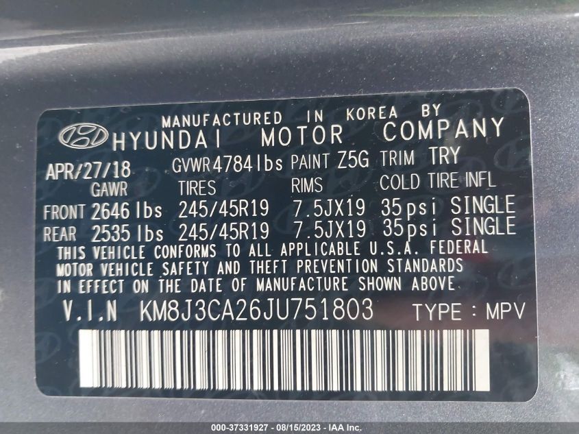 2018 HYUNDAI TUCSON LIMITED/SPORT AND ECO/SE - KM8J3CA26JU751803