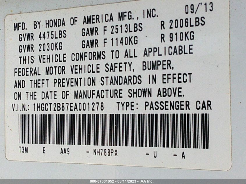 2014 HONDA ACCORD COUPE EX-L 1HGCT2B87EA001278