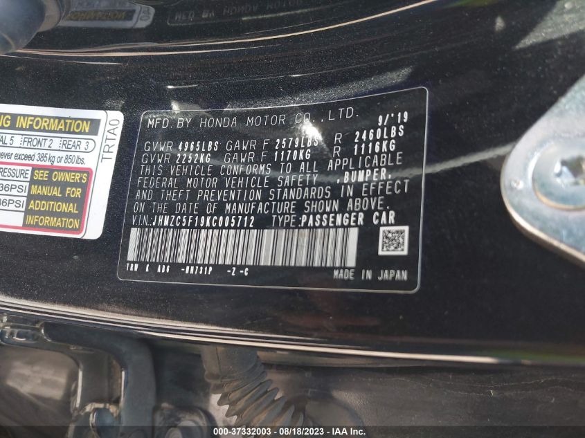 2019 HONDA CLARITY PLUG-IN HYBRID JHMZC5F19KC005712