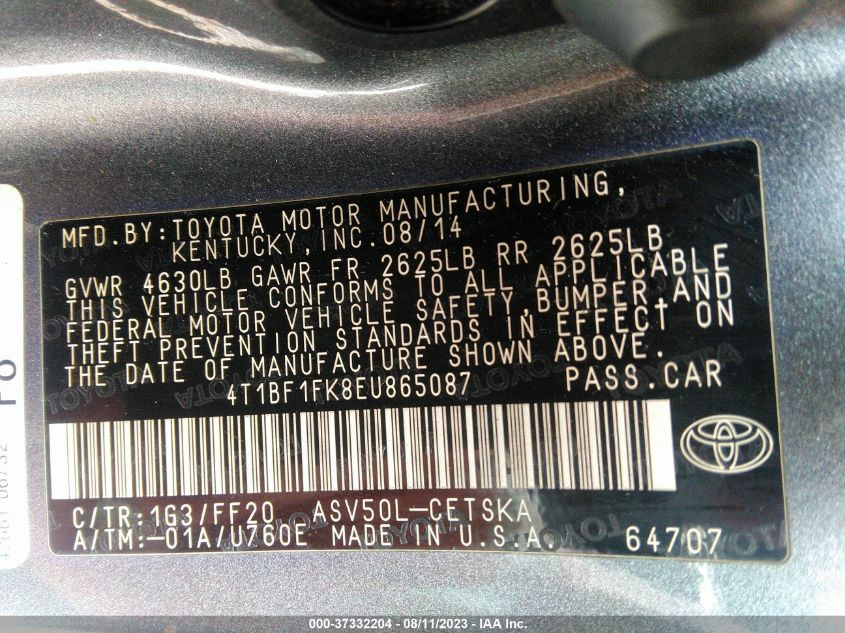 2014 TOYOTA CAMRY L/LE/XLE/SE/SE SPORT - 4T1BF1FK8EU865087