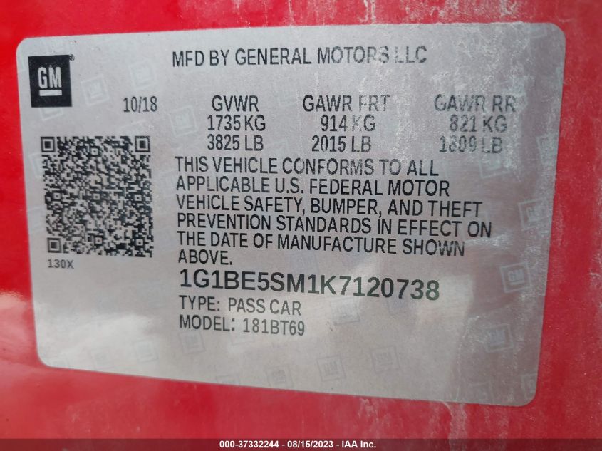 2019 CHEVROLET CRUZE LT - 1G1BE5SM1K7120738