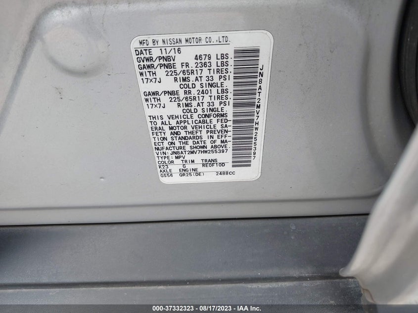 VIN JN8AT2MV7HW255397 2017 NISSAN ROGUE S/SL/SV