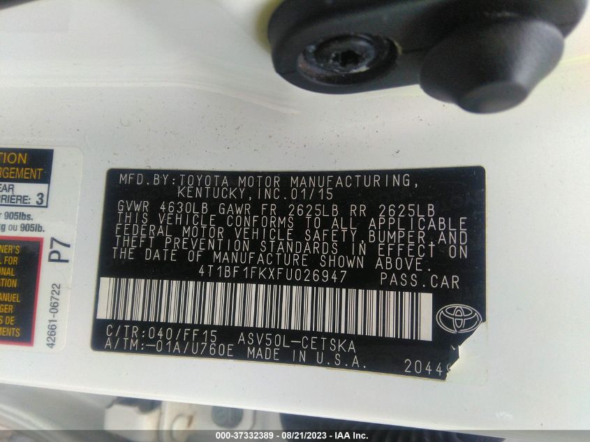 2015 TOYOTA CAMRY XLE/SE/LE/XSE - 4T1BF1FKXFU026947