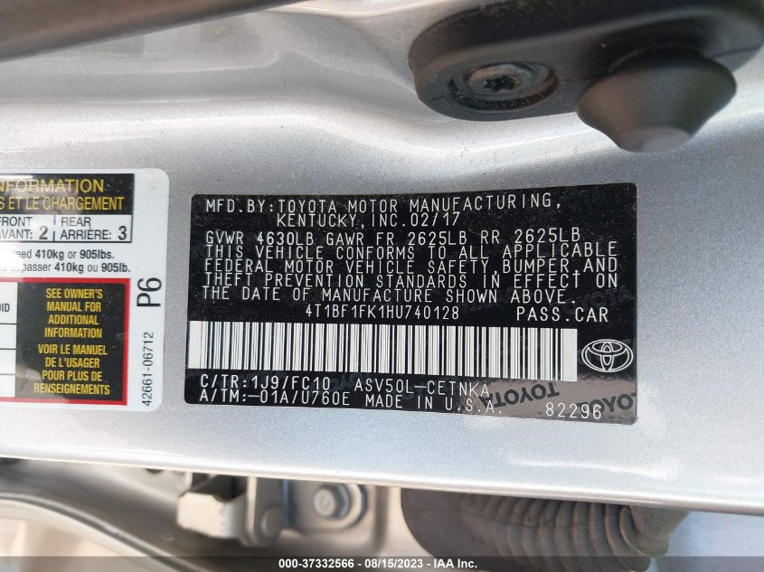 2017 TOYOTA CAMRY XLE/SE/LE/XSE - 4T1BF1FK1HU740128
