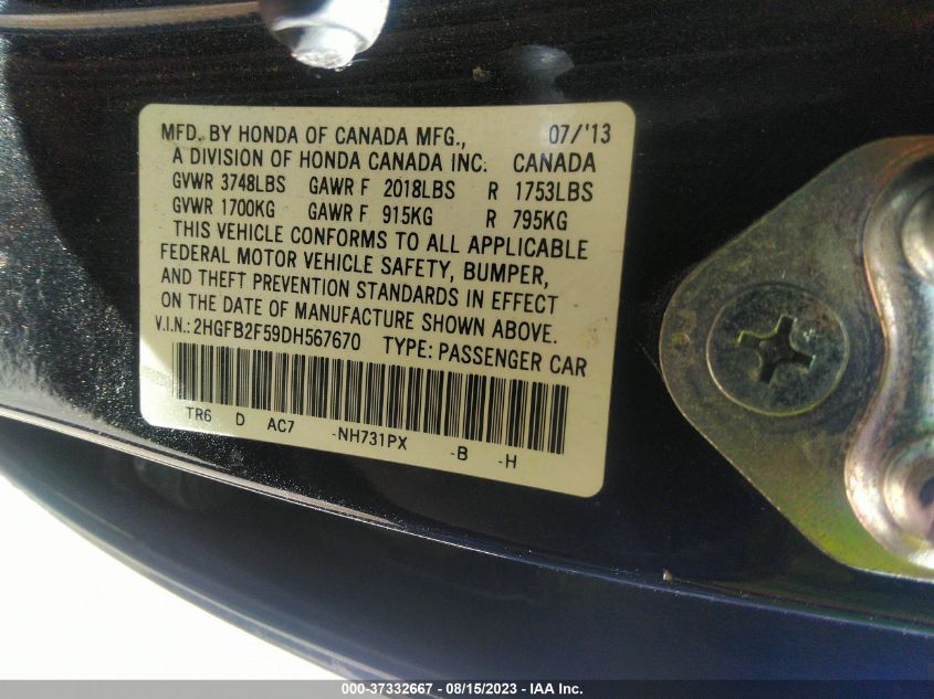 2013 HONDA CIVIC SDN LX - 2HGFB2F59DH567670