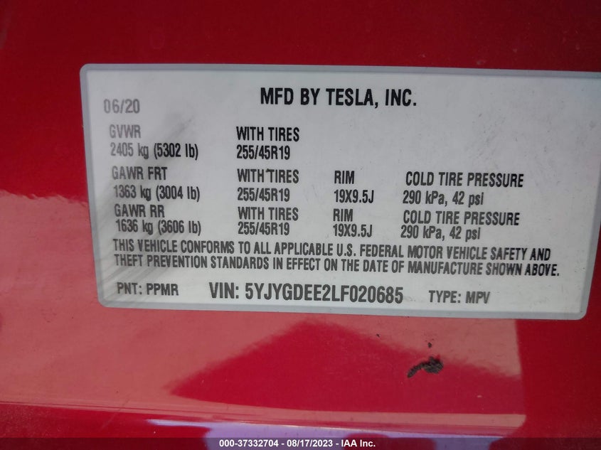 VIN 5YJYGDEE2LF020685 2020 TESLA MODEL Y