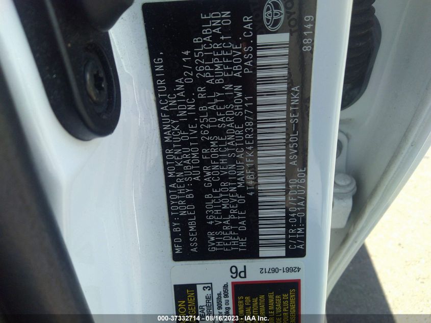 2014 TOYOTA CAMRY L/LE/XLE/SE/SE SPORT - 4T4BF1FK4ER387711